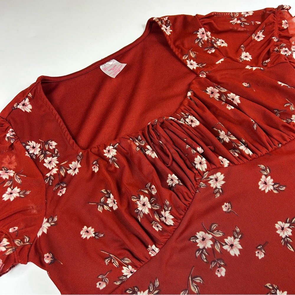 Floral Ruched Square-Neck Top in Rust Red